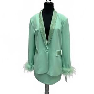 Rhinestone & Feather Trim 2pc Mint Green Suit NWT